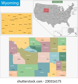 Map of Wyoming state designed in illustration with the counties and the county seats