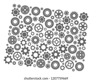 Map of Wyoming State formed with gray cog symbols. Vector abstract mosaic of map of Wyoming State with repair symbols. Engineering flat design for technology applications.