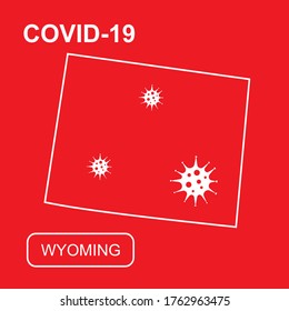 Karte des Wyoming State mit dem Aufdruck "COVID-19". Weiße Umrisskarte auf rotem Hintergrund. Vektorgrafik eines Virus, Coronavirus, Epidemiologie.