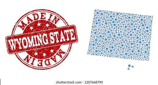 Map of Wyoming State vector mosaic and Made In grunge stamp. Map of Wyoming State created with blue cog links. Made in red seal with grunge rubber texture. - Powered by Shutterstock - Get 15% off with code: PIKWIZARD15