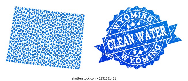 Map of Wyoming State vector mosaic and clean water grunge stamp. Map of Wyoming State formed with blue water tears. Seal with grunge rubber texture for natural drinking water.