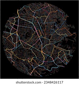 Map of Xalapa, Veracruz with all major and minor roads, railways and waterways. Colorful line art on black background.