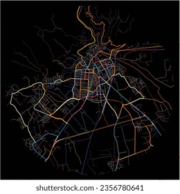 Map of Xanthi, Eastern Macedonia and Thrace with all major and minor roads, railways and waterways. Colorful line art on black background.