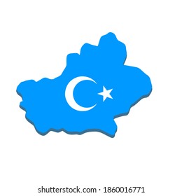 Map Of Xinjiang. National blue flag of the Uighurs. Chinese province. Asian culture. Flat cartoon illustration