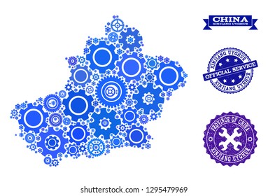 Map of Xinjiang Uyghur Region composed with blue wheel symbols, and isolated grunge seals for official repair services.
