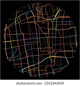 Map of Yangzhou, Jiangsu with all major and minor roads, railways and waterways. Colorful line art on black background.