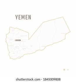 Mapa de Yemen con frontera, ciudades y la capital Saná. Cada ciudad tiene por separado para su diseño. Ilustración vectorial