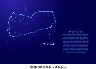 Map Yemen from the contours network blue, luminous space stars for banner, poster, greeting card, of vector illustration