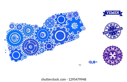 Map of Yemen designed with blue cog symbols, and isolated scratched seals for official repair services. Vector abstract collage of map of Yemen with repair symbols in blue color tones.