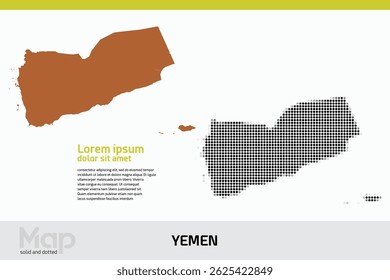 Map of Yemen in dual designs, featuring brown solid details and black abstract dotted patterns, isolated on a white background
