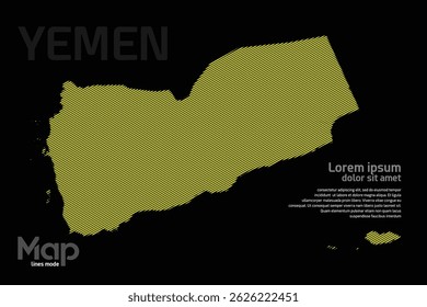 Mapa do Iêmen com linhas geográficas amarelas, isoladas sobre um fundo preto. Perfeito para vários projetos de design