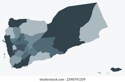 Map of Yemen with regions. Just a simple country border map with region division. Blue grey color palette. Plain Yemen shape with administrative division. Vector illustration.