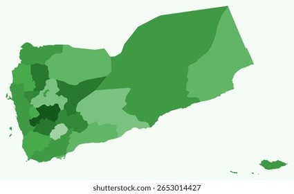 Map of Yemen with regions. Just a simple country border map with region division. Green color palette. Plain Yemen shape with administrative division. Vector illustration.
