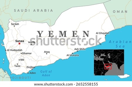 Map of Yemen showing major cities, nearby borders with Saudi Arabia and Oman, and coastal access to the Arabian Sea and Gulf of Aden