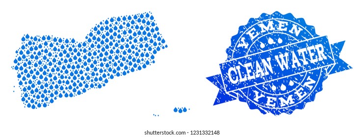 Map of Yemen vector mosaic and clean water grunge stamp. Map of Yemen designed with blue water drops. Seal with grunge rubber texture for clean drinking water.