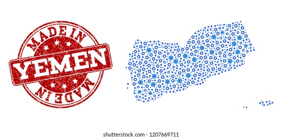 Map of Yemen vector mosaic and Made In grunge stamp. Map of Yemen designed with blue engine links. Made in red seal with grunge rubber texture.