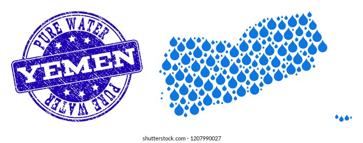 Map of Yemen vector mosaic and Pure Water grunge stamp. Map of Yemen created with blue water drops. Seal with grunge rubber texture for natural drinking water.