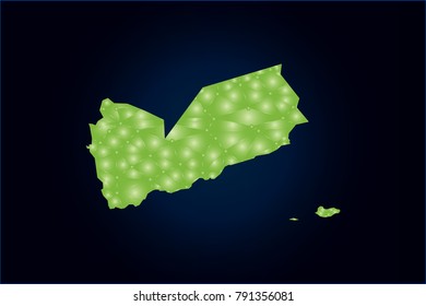 Map of Yemen. Wire frame 3D green mesh with sparkle, design sphere, dot and structure. Vector illustration eps 10