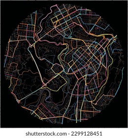 Map of Yerevan with all major and minor roads, railways and waterways. Colorful line art on black background.