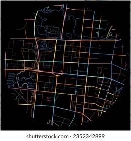 Map of Yinchuan, Ningxia with all major and minor roads, railways and waterways. Colorful line art on black background.