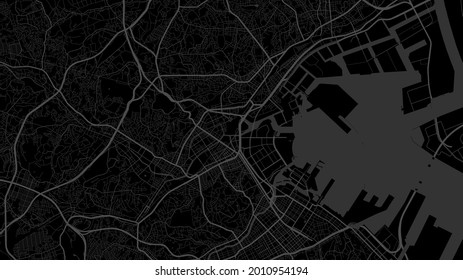 Map of Yokohama city, Japan. Horizontal background map poster dark black land, streets and rivers. 1920 1080 proportions. Royalty free grayscale graphic vector illustration.