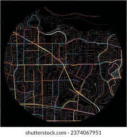 Map of YorbaLinda, California with all major and minor roads, railways and waterways. Colorful line art on black background.