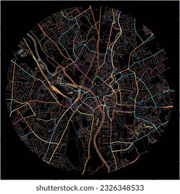 Mapa de York, Yorkshire y el Humber con todas las carreteras principales y menores, ferrocarriles y vías navegables. Coloridas líneas de arte sobre fondo negro.