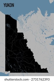 Mapa de Yukón, Canadá, con el interior del territorio renderizado en negro sólido. El área negra está superpuesta con delgadas líneas azules que representan ríos y vías fluviales.