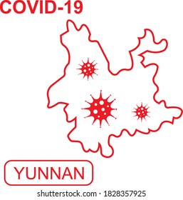 Map of Yunnan labeled "COVID-19". Red outline map on a white background. Vector illustration of a virus, coronavirus, epidemiology.