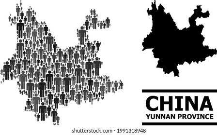 Map of Yunnan Province for demographics purposes. Vector demographics collage. Collage map of Yunnan Province organized of social pictograms. Demographic scheme in dark gray color tones.