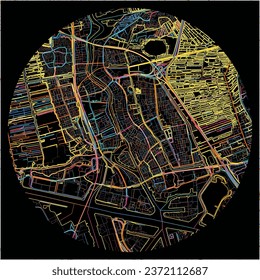 Map of Zaanstad, North Holland with all major and minor roads, railways and waterways. Colorful line art on black background.