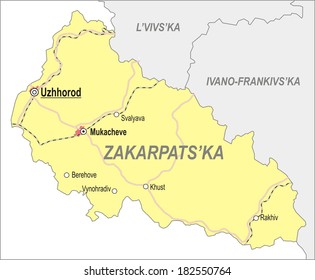 Map of Zakarpattia Oblast (Transcarpatia) with major cities and roads