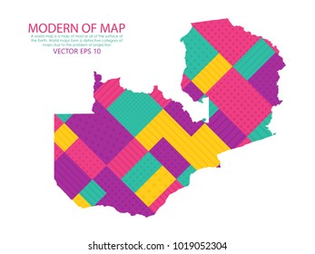 Map of Zambia - Modern Geometric dots and lines background, colorful carving art - blue, yellow and violet. Vector illustration eps 10.