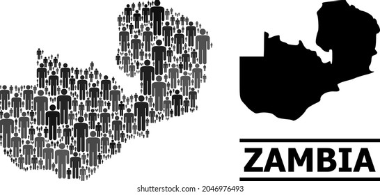 Map of Zambia for national applications. Vector population collage. Collage map of Zambia designed of population items. Demographic scheme in dark gray color tints.