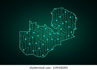 Map of Zambia, network line, design sphere, dot and structure on dark background with Map Zambia, Circuit board. Vector illustration. Eps 10