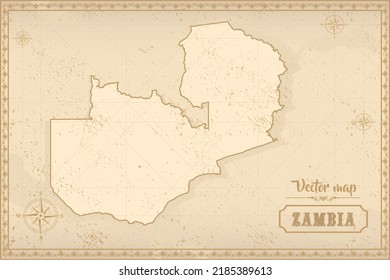 Mapa de Zambia en el viejo estilo, gráficos marrones en estilo retro de fantasía