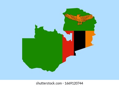 Map of Zambia on a blue background, Flag of Zambia on it.