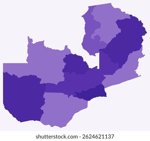 Map of Zambia with regions. A simple country border map with regional divisions. Features a deep purple color palette. Vector illustration of the Republic of Zambia's administrative divisions.