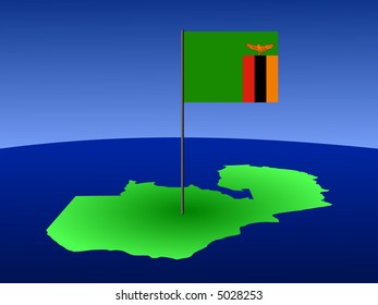map of Zambia and their flag on pole illustration