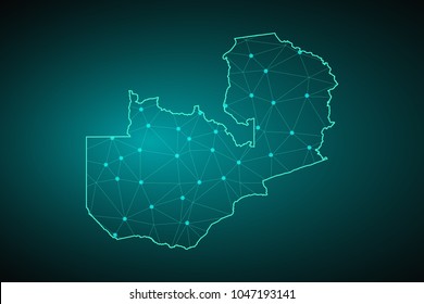 Map of Zambia. Wire frame 3D mesh polygonal network line, design sphere, dot and structure. communications map of Zambia. Vector Illustration EPS10.