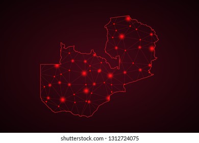 Map of Zambia. Wire frame 3D mesh polygonal network line, design sphere, dot and structure. communications map of Zambia. Vector Illustration EPS10. - Vector