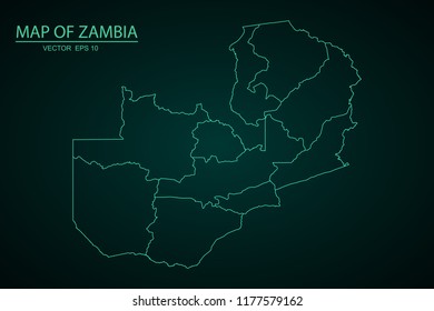 Map of Zambia,Green map on dark background of map of Zambia symbol for your web site design map. Vector illustration eps 10.