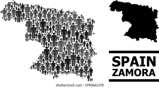 Map of Zamora Province for social promotion. Vector demographics abstraction. Abstraction map of Zamora Province made of social elements. Demographic concept in dark grey color shades.