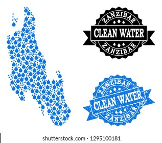 Map of Zanzibar Island vector mosaic and clean water grunge stamp. Map of Zanzibar Island created with blue liquid drops. Seal with grunge rubber texture for clear drinking water.