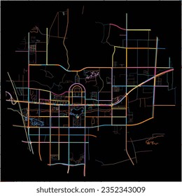 Map of Zaozhuang, Shandong with all major and minor roads, railways and waterways. Colorful line art on black background.
