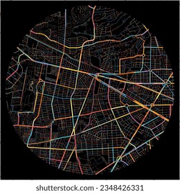 Map of Zapopan, Jalisco with all major and minor roads, railways and waterways. Colorful line art on black background.