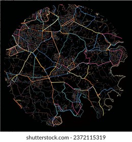 Map of Zejtun, South Eastern Region with all major and minor roads, railways and waterways. Colorful line art on black background.