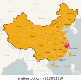 Map of Zhejiang province, China, with country border, name, and capital