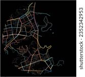 Map of Zhuhai, Guangdong with all major and minor roads, railways and waterways. Colorful line art on black background.