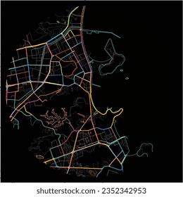 Map of Zhuhai, Guangdong with all major and minor roads, railways and waterways. Colorful line art on black background.